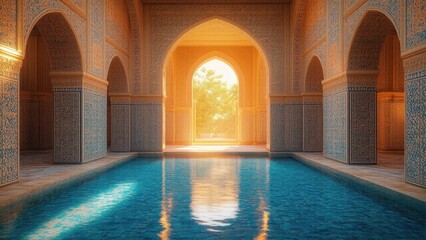 long swimming pool among ancient columns inside a historic structure