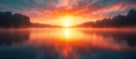 Fototapeta premium Stunning Sunrise Over Tranquil Lake with Vibrant Colors and Misty Atmosphere in Serene Natural Landscape
