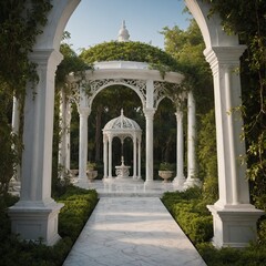 A soft garden pathway leading to an elegant white marble pavilion.
