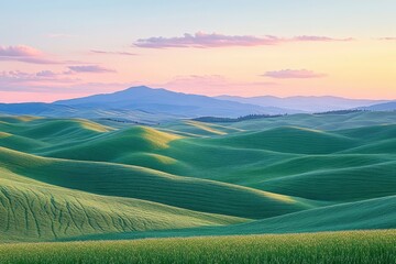 Obraz premium Rolling Green Hills at Sunset with Vibrant Sky and Distant Mountains in a Serene Landscape