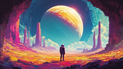 Fototapeta premium futuristic space landscape with planets and human silhouette