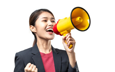 Portrait of smiling Asian woman wearing black suit shouting in megaphone isolated over white background. Making announcement.