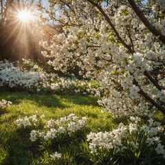 Obraz premium A spring garden filled with white blossoms and bright sunlight.