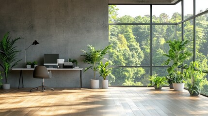 Modern home office, desk, plants, forest view, sunlight, work