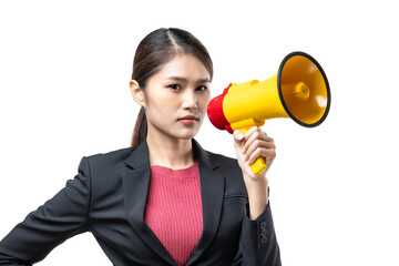 Portrait of Asian woman wearing black suit shouting in megaphone isolated over white background. 
