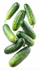 Fresh Cucumbers Floating on White Background - Fresh cucumbers floating in mid-air, displaying their healthy green texture and perfect for fresh meals or snacks.

