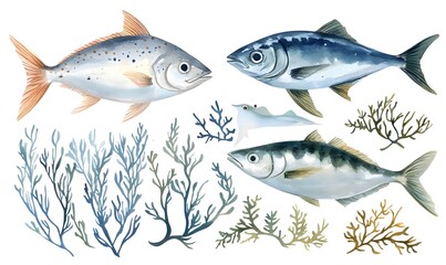 Obraz premium Elegant watercolor ocean fish set, Generative AI