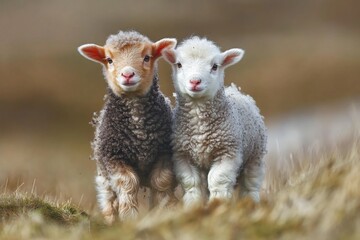 Obraz premium cute baby lambs in brown field 