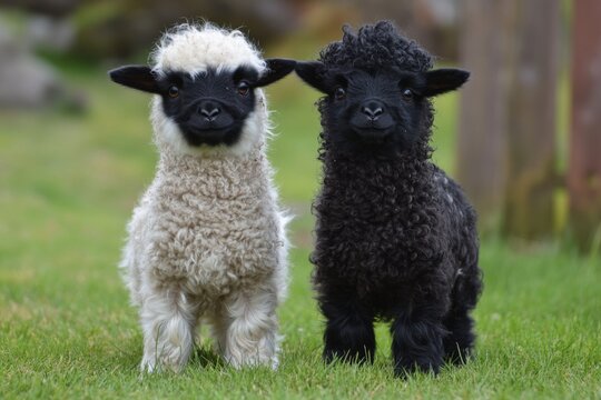 black and white cute baby lambs on the green grassy field 