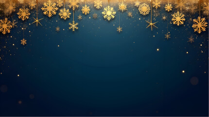 Luxurious Golden Snowflakes on Dark Blue Background with Glitter