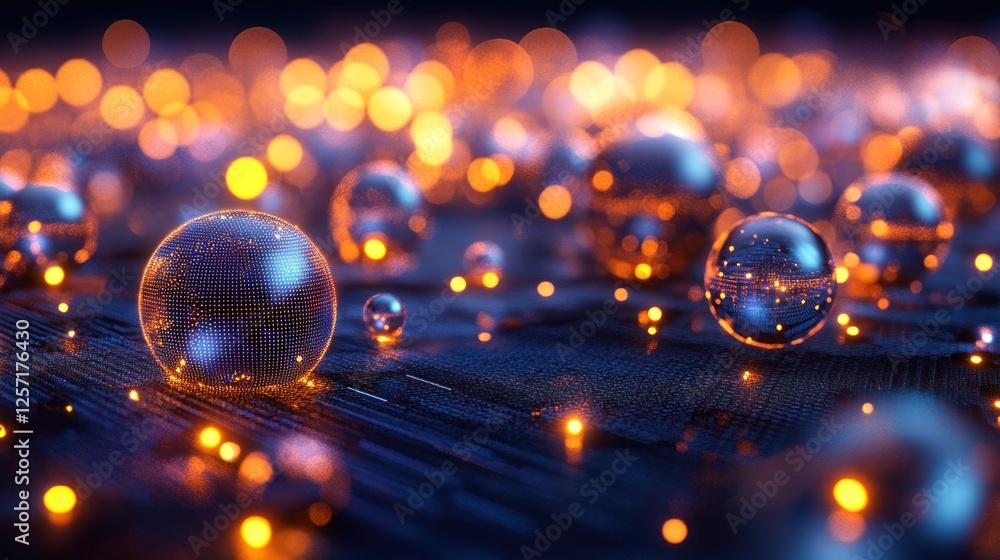 Poster Luminous spheres scattered across a textured surface with bokeh lights
