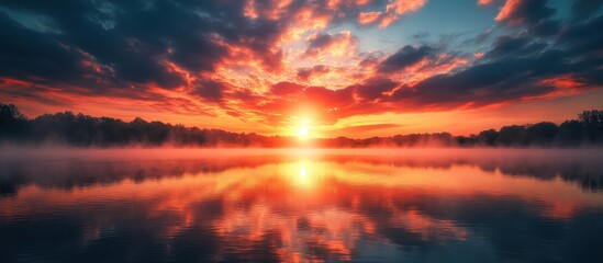 Fototapeta premium ** Stunning Sunrise Over Serene Lake with Dramatic Clouds and Misty Reflections Creating a Tranquil and Captivating Natural Landscape..**