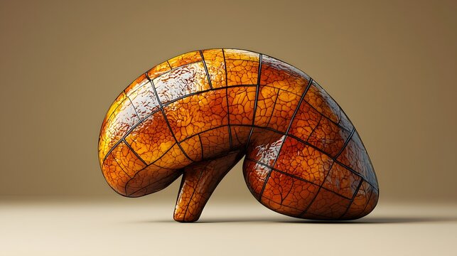 Abstract 3D Render of a Pancreas with Cracked Glass Texture Amber Hues