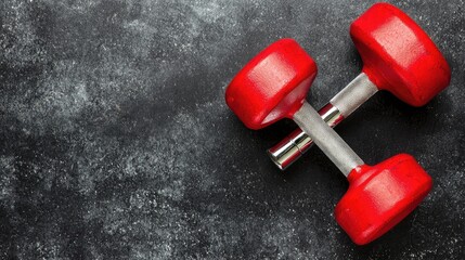 Red dumbbells on dark surface; fitness, workout, gym, background, health