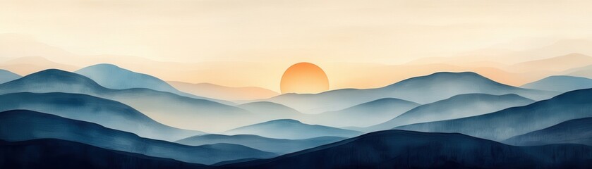 Fototapeta premium Serene Sunrise Over Misty Mountain Range with Soft Blue and Orange Hues Creating a Peaceful and Tranquil Landscape Scene