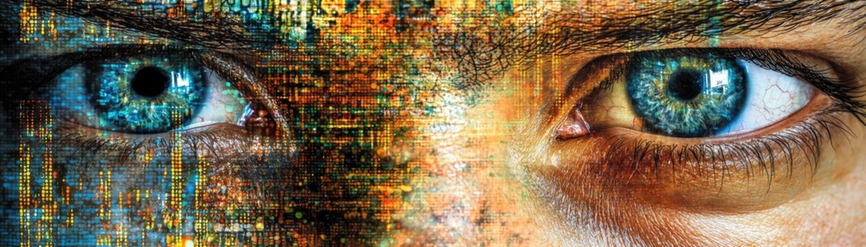 Digital transformation, human eyes, code overlay, abstract background, tech concept