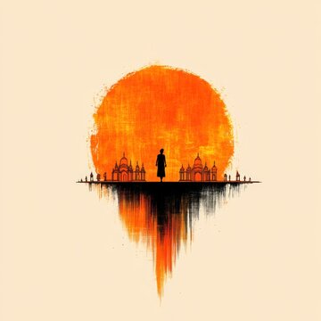 Saffron Silhouette of Religious Architecture at Mahakumbh Temple - Illustration
