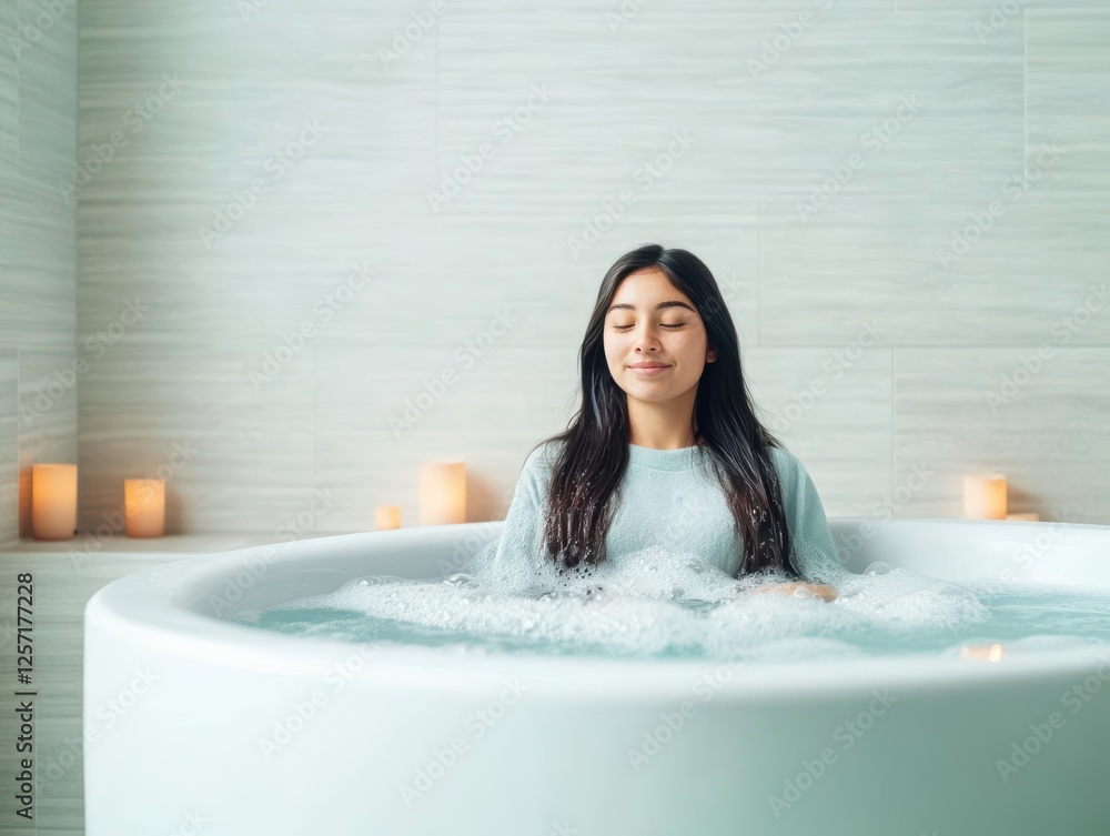 Aufkleber woman relaxing in a bathtub surrounded by candles creating a tranquil and calming atmosphere
