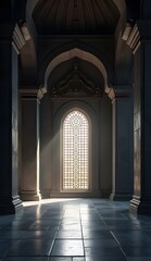Obraz premium A mosque window with dark stone columns and floors, creating a peaceful sacred atmosphere