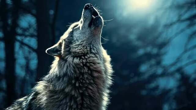 A majestic wolf gazes at the moonlit sky in a forest. The low-angle shot creates a dramatic, cinematic video feel with a serene, mystical atmosphere.