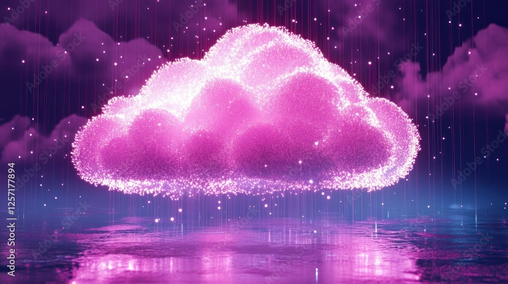 Poster An abstract digital pink cloud hovering over a shimmering surface