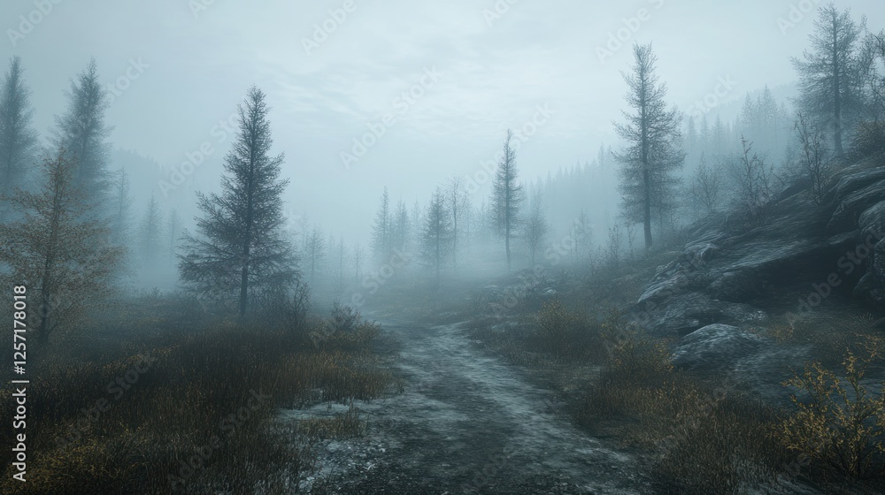 Aufkleber A misty forest path disappears into the hazy distance