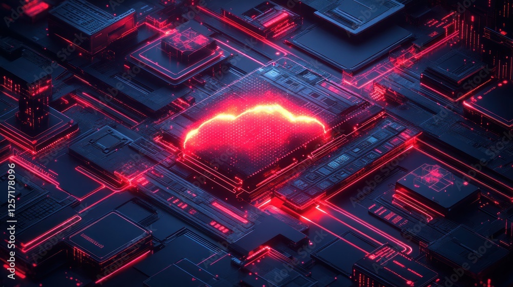 Poster glowing cloud data center server chip processing