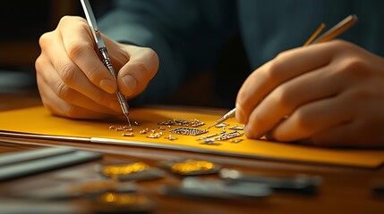 Skilled artisan meticulously arranging small metallic components on a workspace, showcasing craftsmanship