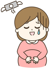 お金が飛んでいって悲しい妊婦さんのゆるかわイラスト