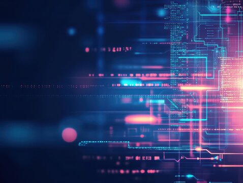 Computer circuit board design with blue and pink abstract background for technology and digital themes