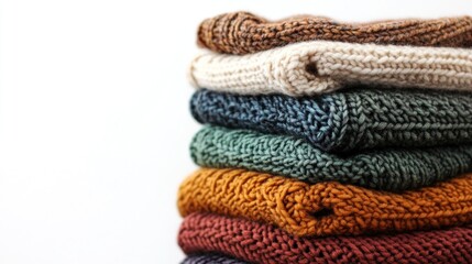 Stacked warm knit sweaters, autumn colors, white background, lifestyle photography