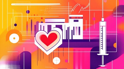 Obraz premium Abstract Medical Illustration with Heart, Building, and Syringe on Colorful Background