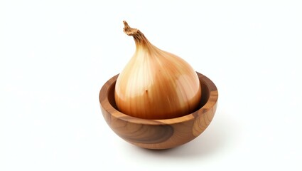 onion placed in a rustic wooden bowl, isolated on a pure white background with a precise clipping path