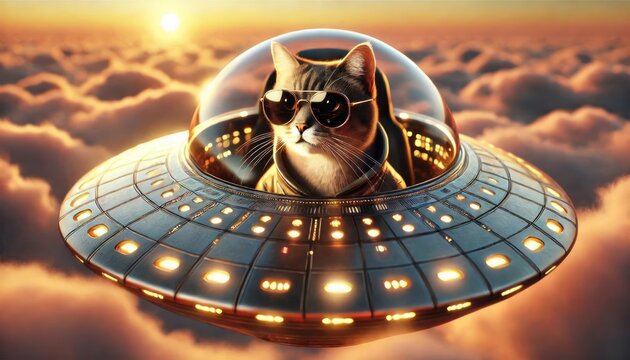 Portrait of a Cat Pilot Wearing Sunglasses Inside an Alien Flying Saucer Hovering Among Clouds at Sunset