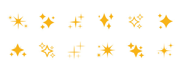 Gold sparkle stars icon set. Set of golden star icons. Shiny twinkle yellow stars. isolated on transparent background. Star icon.