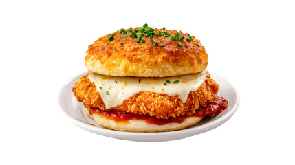 Delicious Crispy Chicken Sandwich with Melted Cheese and Marinara Sauce on a Biscuit