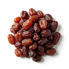 Top-down view of a pile of raisins on a white background highlighting their rich texture