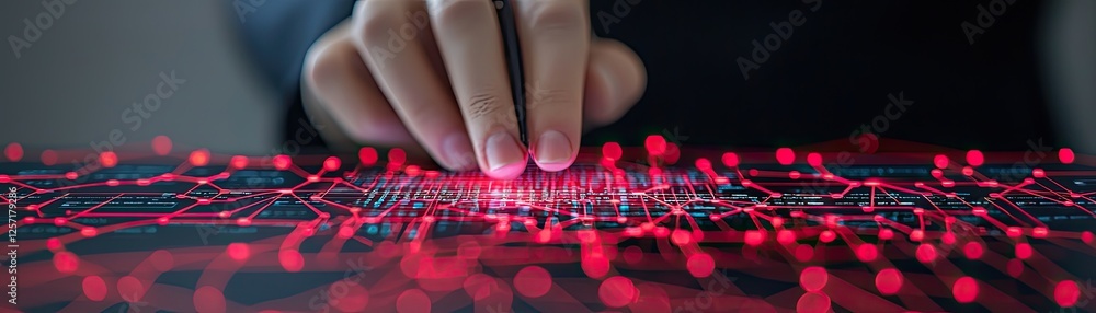 Aufkleber a hand interacts with a digital interface displaying vibrant red connections, symbolizing technology