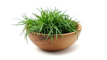 dill placed in a rustic wooden bowl, isolated on a pure white background with a precise clipping path