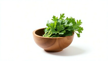 coriander placed in a rustic wooden bowl, isolated on a pure white background with a precise clipping path