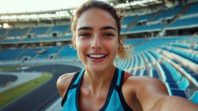 Sporty woman taking a selfie while exercising at the stadium, generative AI
