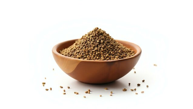 cumin placed in a rustic wooden bowl, isolated on a pure white background with a precise clipping path