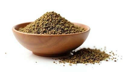 zaatar placed in a rustic wooden bowl, isolated on a pure white background with a precise clipping path