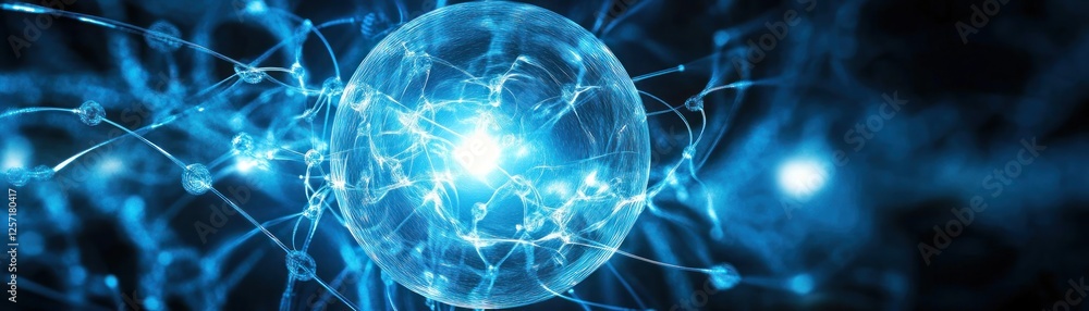 Poster blue neural network with light orb in the center