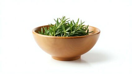 rosemary placed in a rustic wooden bowl, isolated on a pure white background with a precise clipping path