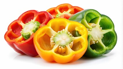 Sliced Colorful Bell Peppers on White Background - Sliced red, yellow, and green bell peppers showcasing their vibrant colors and juicy interiors, perfect for cooking or snacking.

