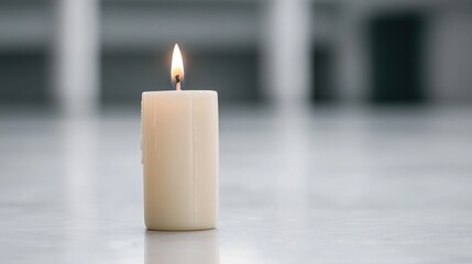 Lit candle on marble table, calm background, peaceful mood, meditation imagery