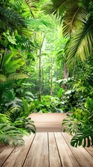 Fototapeta premium Lush Tropical Jungle Path, Wooden Deck, Sunlight, Green Foliage, Nature Background, Perfect for Travel/Tourism