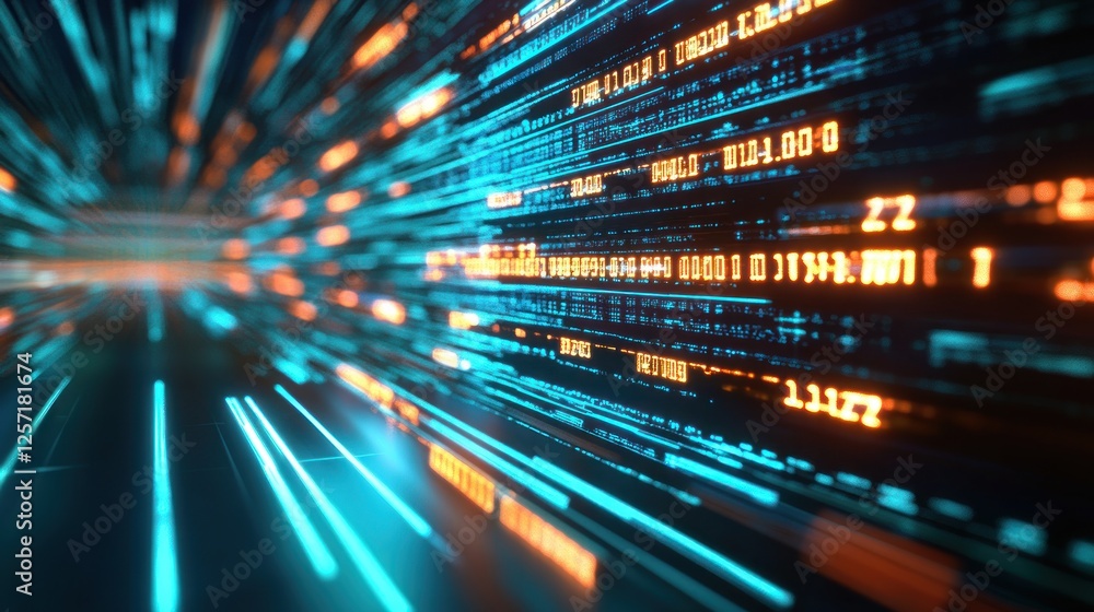 Poster Data streams visualized with glowing numbers and lines converging