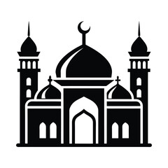 Mosque Icon: A simple yet powerful black and white silhouette of a mosque with minarets and a crescent moon, symbolizing faith, spirituality, and the architectural beauty of Islamic design